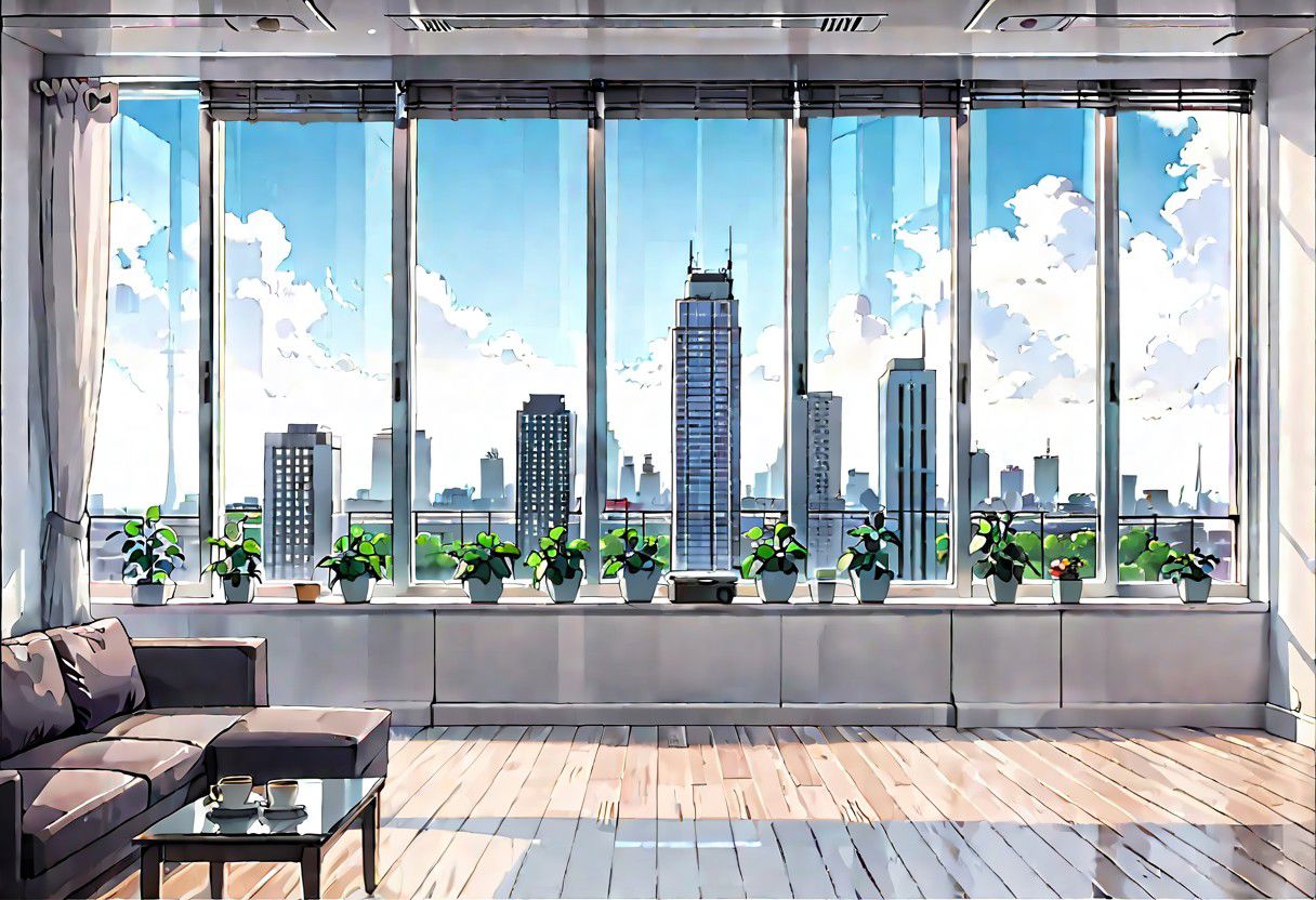 ((((front view)))), Shallow scene, ((animation style)), (((City high-rise building scenery))), ((((City scenery outside the window)))), (Facing the window), (open window), modern-style interior, Wooden floor, with white walls, (large windows), a living room, sofa and coffee table by the window sill, Sofa placed horizontally, noon, clear sky, low saturation