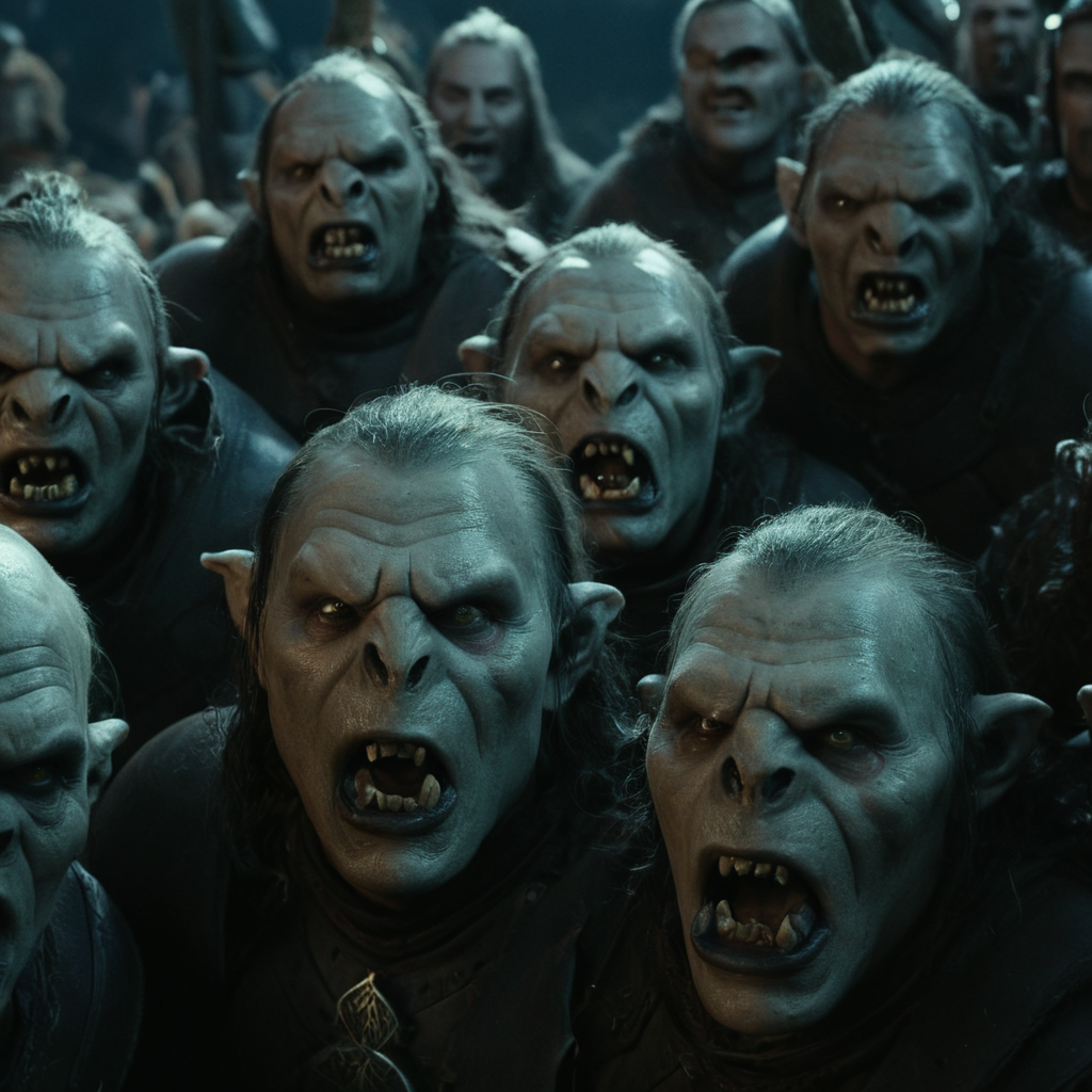 cinematic film still of  <lora:The Lord of the Rings style v2:1>
In a Fantasy Middle-earth world in the dark ages Orcs a group of Orcman people with creepy faces and a lot of heads,ork,humanoid monsters,open mouth,male focus,multiple boys,teeth,facial hair,helmet,6+boys,realistic,mustache,bald,old,old man,statue,6+others , dramatic light, dramatic shadow light, film contrast, cinematic film color, cinematic film look, filmic, realistic, realism, perfection, perfect, movie still, fantasy drama, epic drama, fictional, Age of Wonders, Age of Empires, warriors,  Medieval style, middle ages, dungeons and dragons style, different people, different, unique, kingdoms and castles, violent, aggressive, detailed, perfection, detailed face, detailed body, detailed hands, detailed eyes, sharp, horror themed, dark themed, epic fantasy adventure film style, Legendary, mythical, The Lord of the Rings style, shallow depth of field, vignette, highly detailed, high budget, bokeh, cinemascope, moody, epic, gorgeous, film grain, grainy