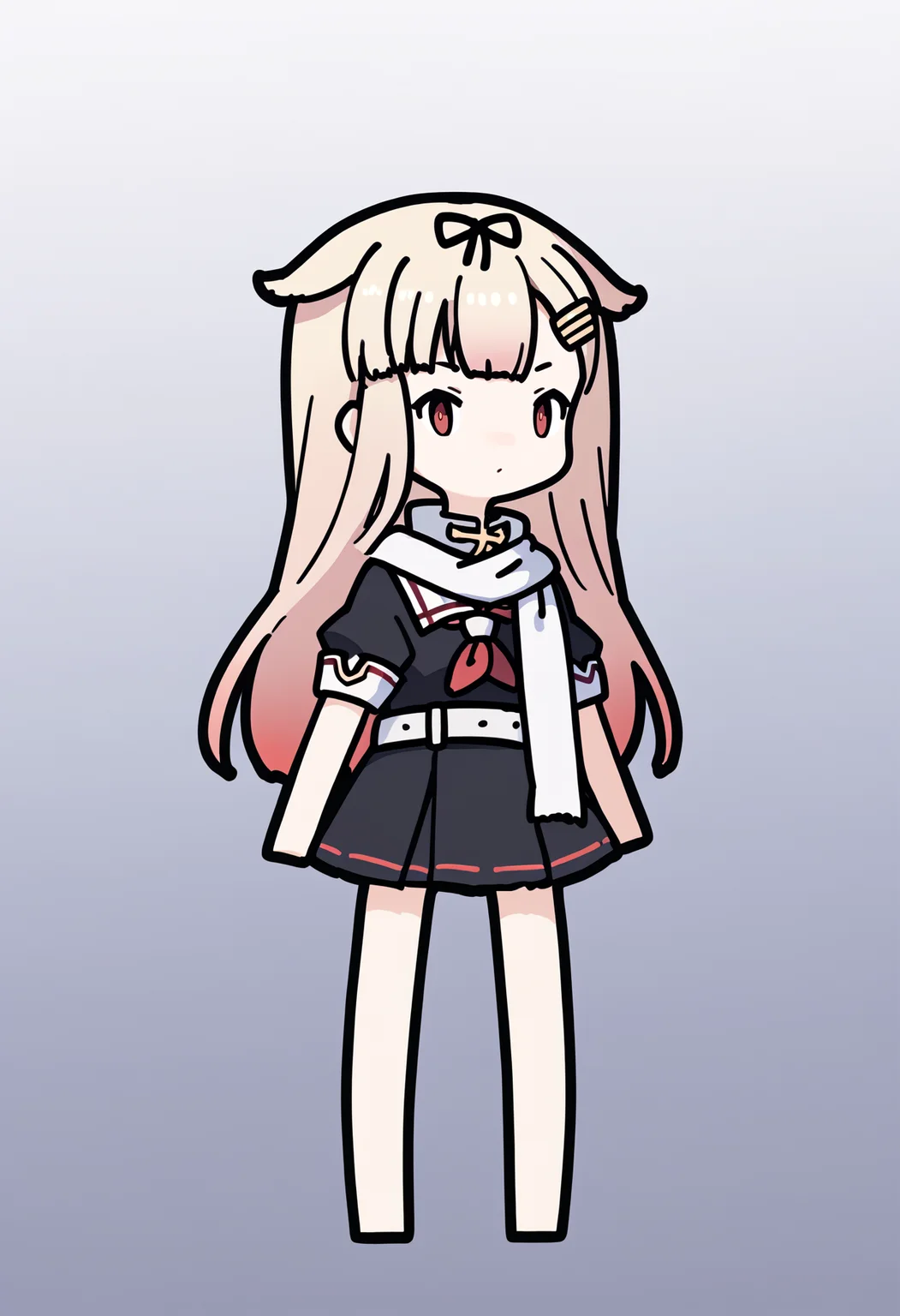 score_9, score_8_up, score_7_up, score_6_up, score_5_up, score_4_up, BREAK
1girl, chibi,
yuudachikaini, blonde hair, gradient hair, hair flaps, long hair, black hair ribbon, hairclip, red eyes,
serafuku, neckerchief, black pleated skirt, school uniform, white scarf, white belt,
standing, full body, solo, looking at viewer, simple background, white background <lora:RabbitAndSteelXLLocon:1> <lora:YuudachiXL:1>