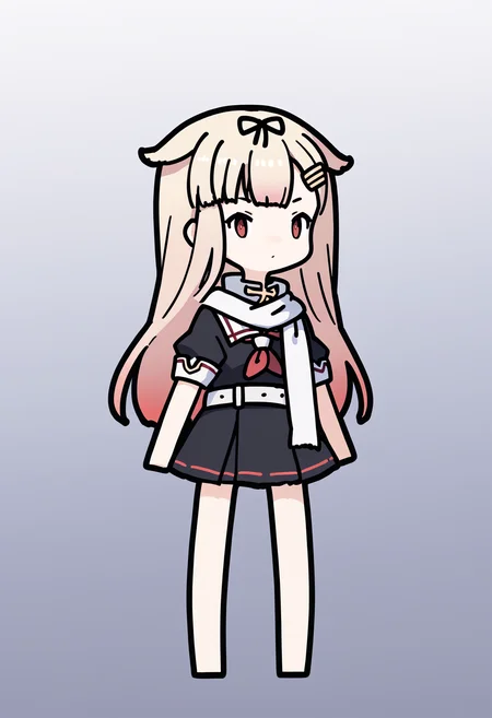 score_9, score_8_up, score_7_up, score_6_up, score_5_up, score_4_up, BREAK
1girl, chibi,
yuudachikaini, blonde hair, gradient hair, hair flaps, long hair, black hair ribbon, hairclip, red eyes,
serafuku, neckerchief, black pleated skirt, school uniform, white scarf, white belt,
standing, full body, solo, looking at viewer, simple background, white background <lora:RabbitAndSteelXLLocon:1> <lora:YuudachiXL:1>
