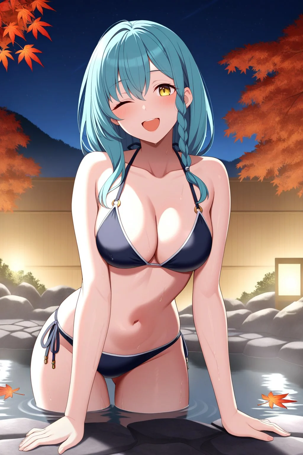 masterpiece, best quality, amazing quality, very aesthetic, absurdres, ultra detailed,
<lora:il_contrast_slider_d1 (ЦВЕТ КАРТИНКИ):-0.8>
<lora:Rose Marblehart:0.8> rose_marblehart, 1woman, solo,
onsen, one eye closed, breasts, night, solo, smile, ;d, open mouth, cleavage, swimsuit, bikini, leaf, autumn leaves, collarbone, sky, looking at viewer, partially submerged, night sky, jewelry, outdoors, medium breasts, maple leaf,