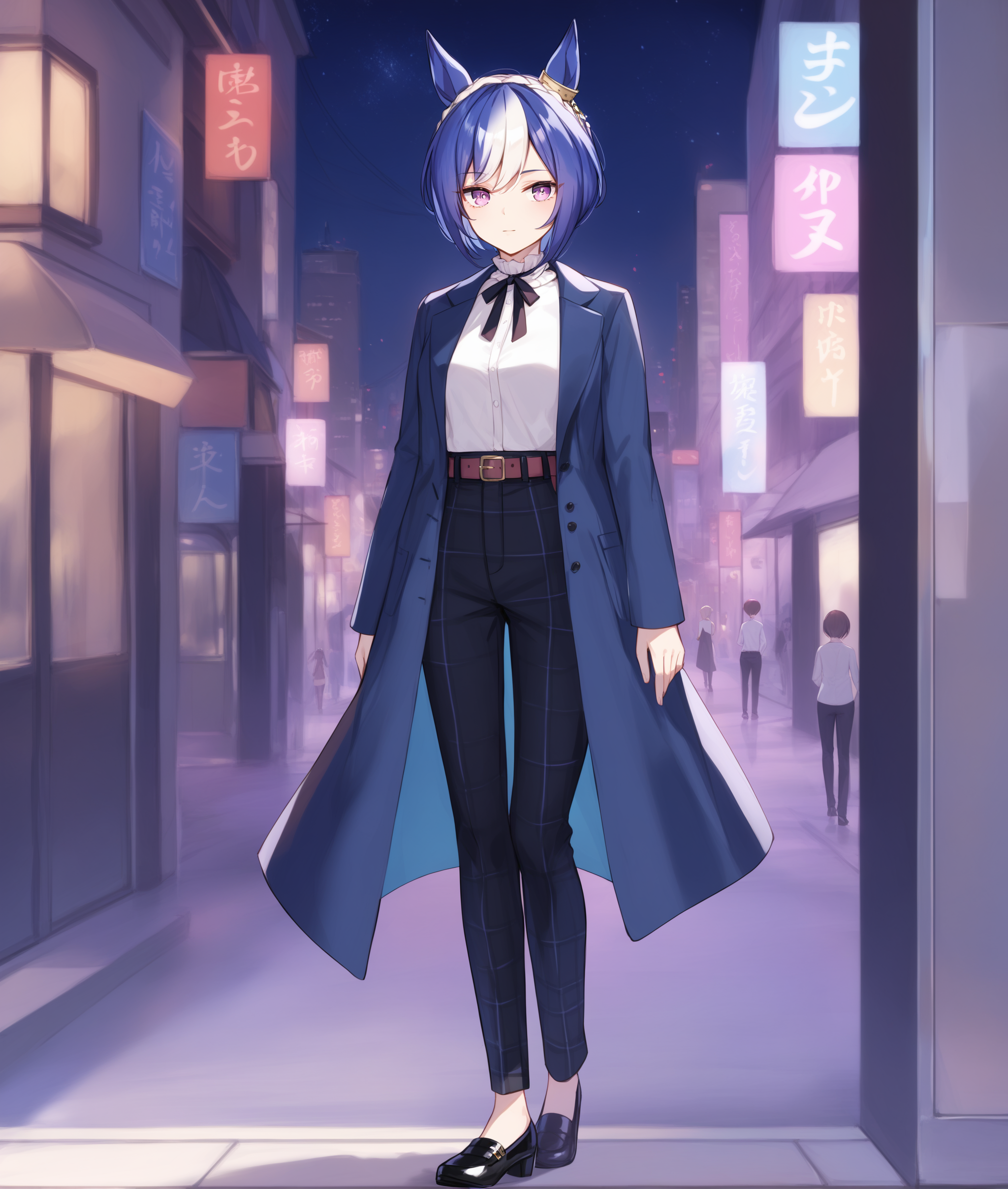 score_9, score_8_up, score_7_up, 2D, anime BREAK
night, city, 
casual_clothes, 1girl, solo, looking at viewer, short hair, bangs, shirt, long sleeves, ribbon, animal ears, closed mouth, blue hair, standing, purple eyes, full body, white shirt, white hair, multicolored hair, shoes, belt, pants, black footwear, two-tone hair, streaked hair, coat, plaid, neck ribbon, black pants, horse ears, black background, horse girl, blue coat, 
<lora:Cesario-ponyXL:0.8>,
