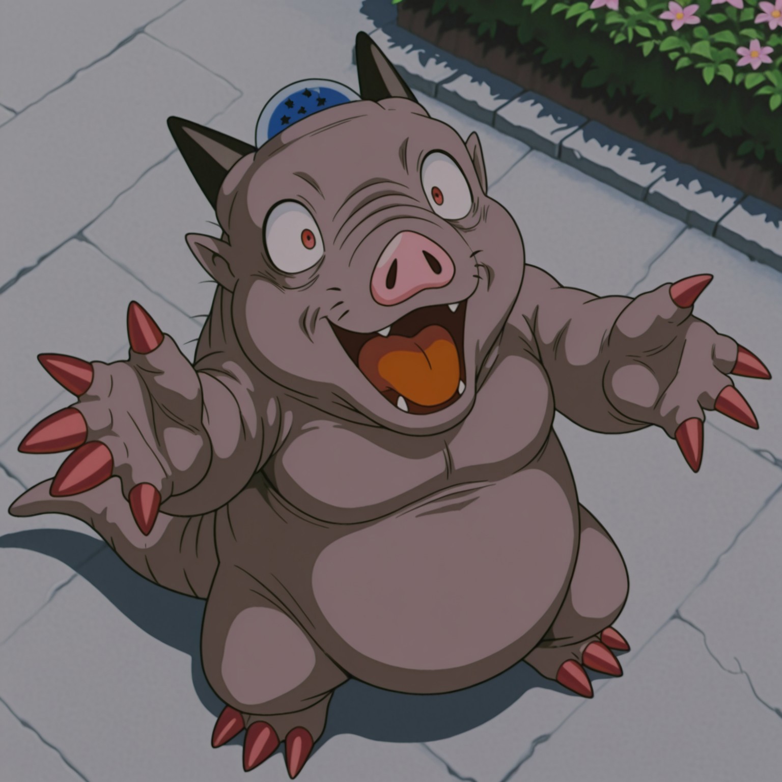Truenaturon, Solo, 2d, male, 1boy, monster, Brown skin, horns, red eyes, red claws, pink nose, whiskers, pointy ears, tail, toe claws, best quality, amazing quality, very aesthetic, absurdres, newest

BREAK outside, garden, flowers, from above, frolicking, hands up, cheering, happy, open mouth smile