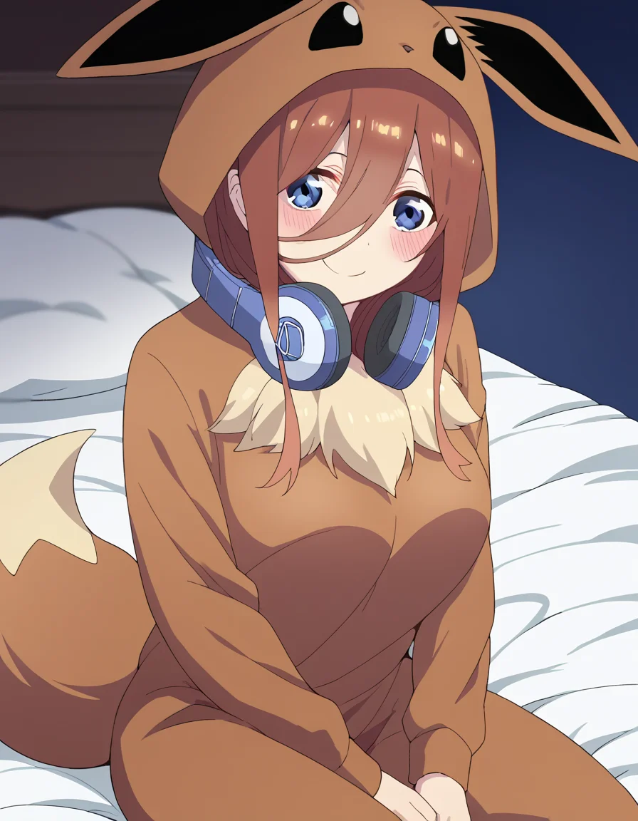 score_9, score_8_up, score_7_up, source_anime, mikunakano, <lora:miku-nakano-s2-ponyxl-lora-nochekaiser:1>, miku nakano, long hair, bangs, blue eyes, brown hair, hair between eyes, headphones, headphones around neck, large breasts,, <lora:eevee-cosplay-ponyxl-lora-nochekaiser:1>, eevee cosplay, eevee (cosplay), cosplay, hood, hood up, long sleeves, kigurumi, animal ears, pokemon tail, tail,, bed, on bed, sitting, smile, blush,, cowboy shot, looking at viewer,