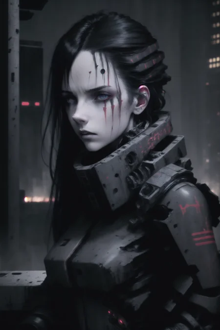 dark colors,RAW photo,realistic,detailed,8k uhd, dslr,sharp,volumetrics dtx, highly detailed,soft lighting,sanakan (normal),portrait, detailed face, pale skin, tubes, concrete, mega structures,decrepit scenery, <lora:blamev2:0.8>
