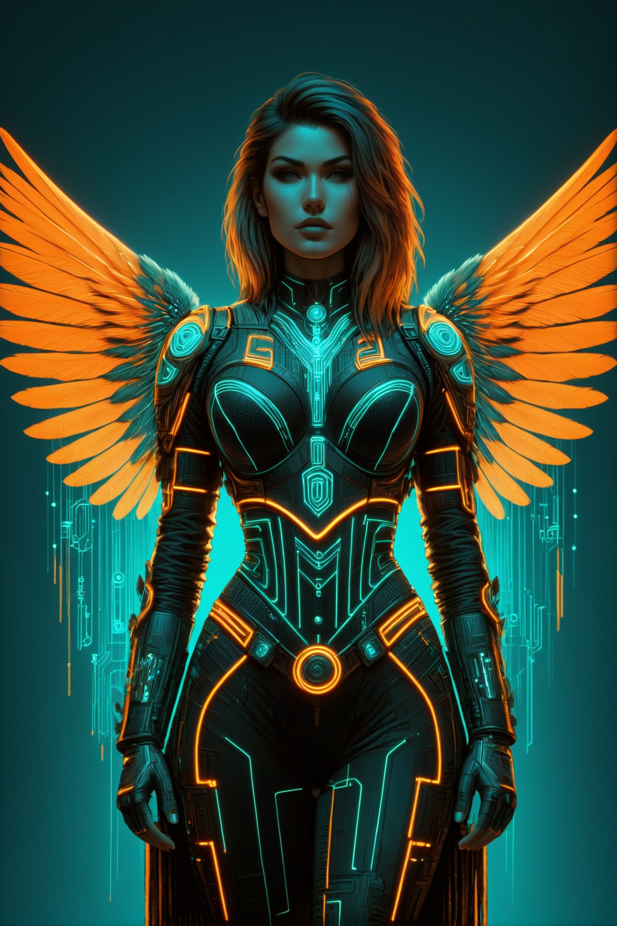 woman,cybershaman, talisman, feathers, ornanments, teal coloring, grid, orange outlines  cyberpunk, 1980s, retro, scifi, mad-cyberspace <lora:Neon_Cyberpunk_SDXL_-_Cyberspace:1>  <lora:Cyberpunk_Techno-Mages_SDXL:0.8@0,0@0.6,0@1>, <lora:EnvyBetterHiresFixXL01:1>, RAW photo, subject, 8k uhd, dslr, soft lighting, high quality, film grain, Fujifilm XT3