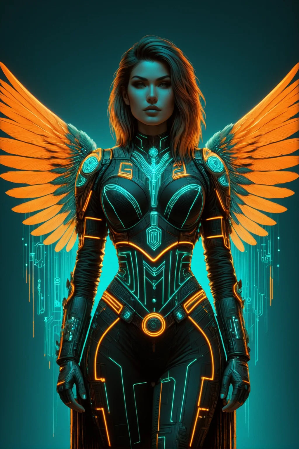woman,cybershaman, talisman, feathers, ornanments, teal coloring, grid, orange outlines cyberpunk, 1980s, retro, scifi, mad-cyberspace <lora:Neon_Cyberpunk_SDXL_-_Cyberspace:1> <lora:Cyberpunk_Techno-Mages_SDXL:0.8@0,0@0.6,0@1>, <lora:EnvyBetterHiresFixXL01:1>, RAW photo, subject, 8k uhd, dslr, soft lighting, high quality, film grain, Fujifilm XT3