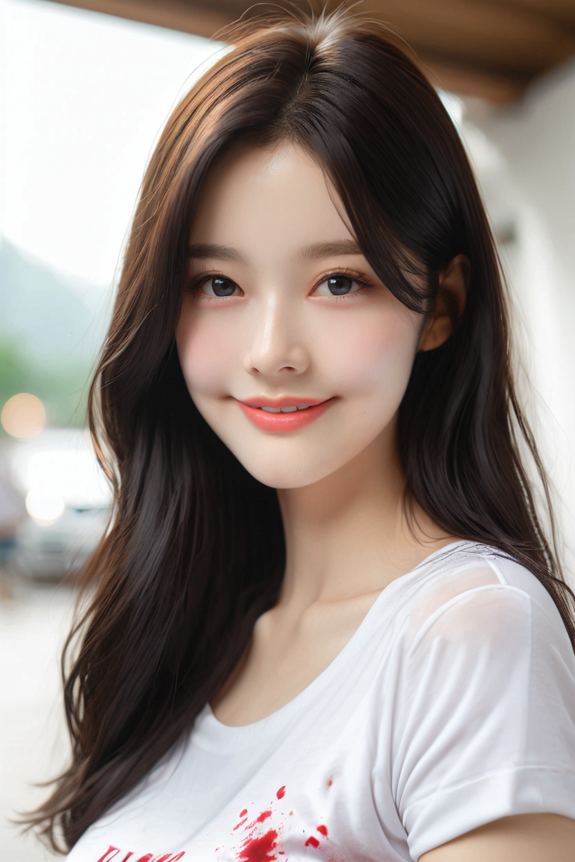 <lora:KimA-won-PonySRV1:1>, KimA-won, <lora:add-detail-xl:0.5>, <lora:Expressive_H-000001:1.2>, <lora:IzayoiLycoXL:0.3>, embedding:pureerosface_v1, A stunning real medium breasts Korean woman with long, flowing dark hair, her piercing gaze directly addressing the viewer. score_9, score_8_up, score_7_up, 4k, high quality, (best quality:1.1), realistic, photorealistic, close-up, upper body, (ultra HD quality details), High Fashion, face focus,  A beautiful woman is holding a bloody axe, with blood on her face and body, smile. She is wearing a bloody white T-shirt and denim shorts. Her clothes are in tatters. The background is Messy garage with dim lights.