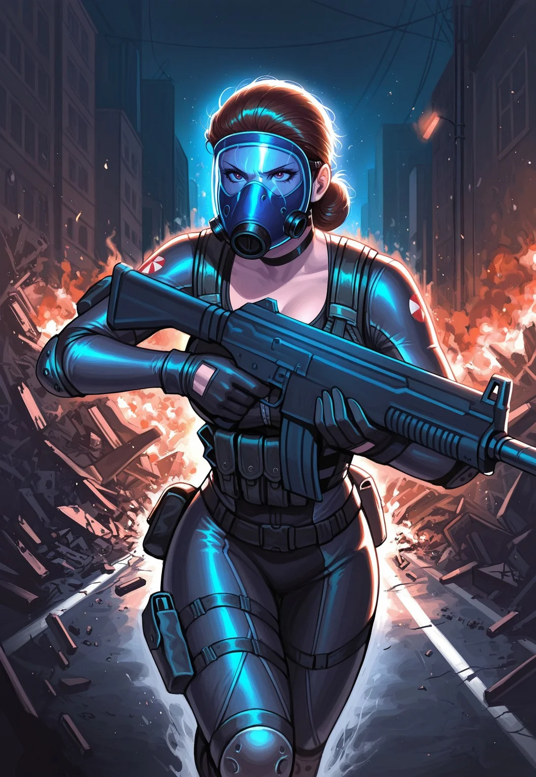 masterpiece, best quality, detailed, realistic, cowboy shot, serious, 1girl, solo, Lupo, brown hair, bun, Gas mask, mask, Bodysuit, pouch, choker, elbow pads, gloves, thigh holster, knee pads, running, holding, assault rifle, city street, destruction, fires, at night,