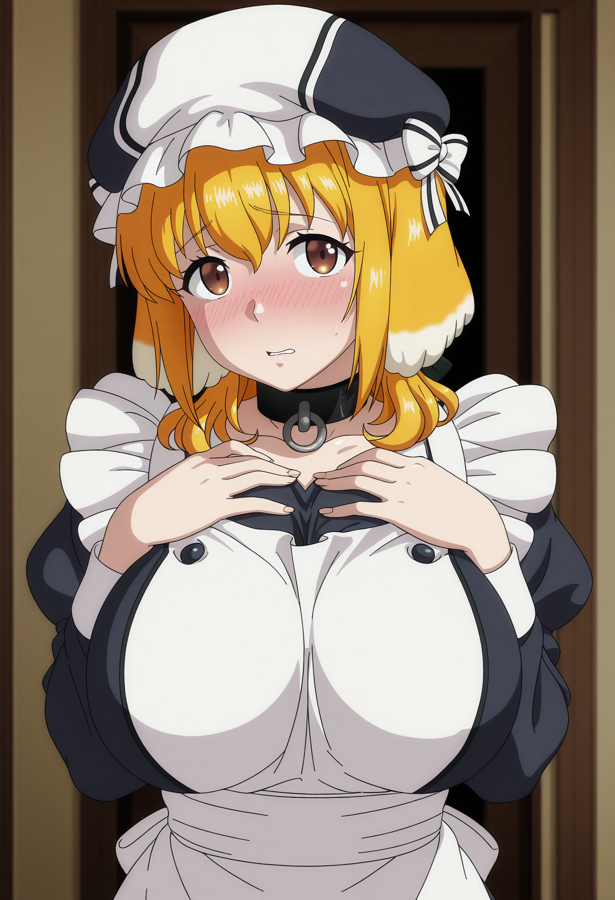 1girl,solo,mm,mature female,dog ears,dog girl,brown eyes,blonde hair,large breasts,anime coloring,
maid,mob cap,hat,,looking at viewer, ndoors,hands on own chest, embarrassed, parted lips, blush
,masterpiece,best quality,amazing quality,<lora:Roxanne-Isekai_meikyuu_de_harem_wo_IL:0.8>