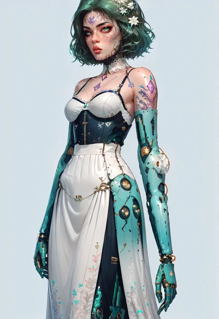 score_9,score_8_up,score_7_up,score_6_up,score_5_up,score_4_up,1 girl,solo,female focus,looking at the spectator,(Diamond-shaped face, blue-green eyes, plump lips, medium-length layered brown hair, 5'6", 123 lbs, medium breasts, narrow waist, slender figure, a constellation tattoo on the ribcage, ivory skin, prominent cheekbones, and a small scar above the right eyebrow.:1.3),(A lavender lace bra paired with a white puffy mini skirt, and finished with soft lavender high heels on a platform, with intricate lace patterns and a skirt made of premium chiffon, creating a delicate and elegant ensemble.:1.3),(plain contrasting background:1.3),(full-length:1.5),hands,Perfect hand,Perfect feet,Perfect eyes,cyb0rg,science fiction,cable,mechanical parts,<lora:feet v3:1>,<lora:hand 4:1>,<lora:PerfectEyesXL:1>,zPDXL2,zPDXLpg,<lora:cyb0rgXLP:0.8>,<lora:add-detail-xl:1>,<lora:DP-Pony:1>,p33rs,<lora:incase-ilff-v3-4:0.2>,