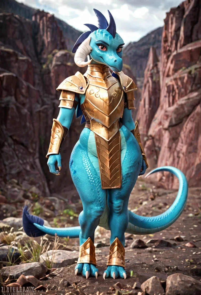 score_9, score_8_up, score_7_up, score_6_up, score_5_up, score_4_up, BREAK, 1girl, EmberMLP, furry female, scalie, dragon, body scales, detailed scales, photorealistic scales, cyan scales, dark blue head spikes, hourglass figure, slender waist, wide hips, thick thighs, digitigrade, armor, gold armor, neck armor, shoulder armor, bare thighs, thigh armor, thigh plate, foot armor, tail armor, mountaintop background, cinematic