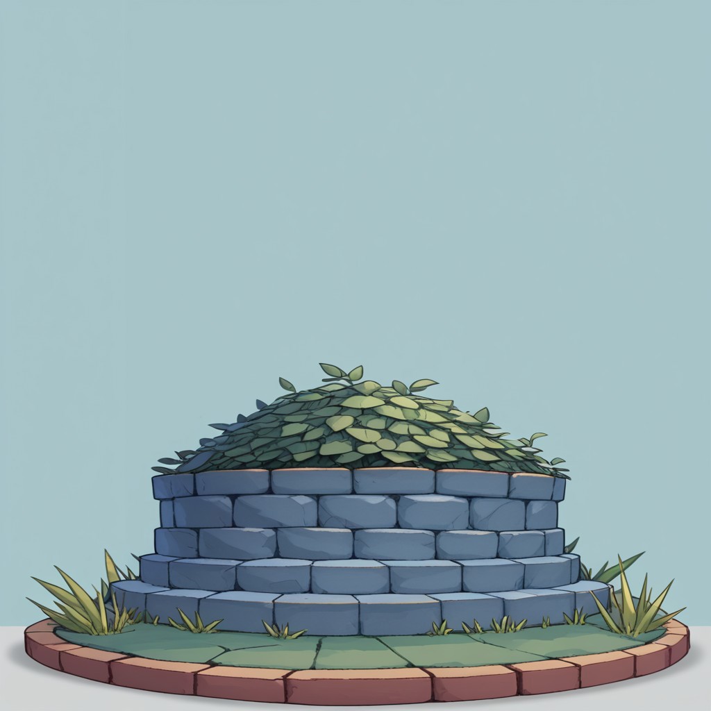 no people, score_9, Score_8, relatedguy, simple background, one colour background, blue background, circular stone frame, archway, mossy cobble stone, sitting on a stone base with vines on it,