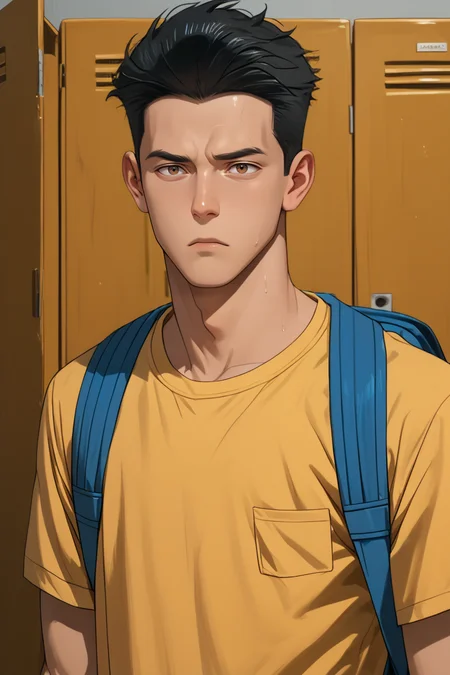 gay male, zPDXLxxx, source_anime, score_9, score_8_up, score_7_up, score_6_up, score_5_up, score_4_up <lora:Mark_Grayson_Pony:1> mark_grayson, brown eyes, black hair, parody, young, yellow shirt, backpack, school locker room