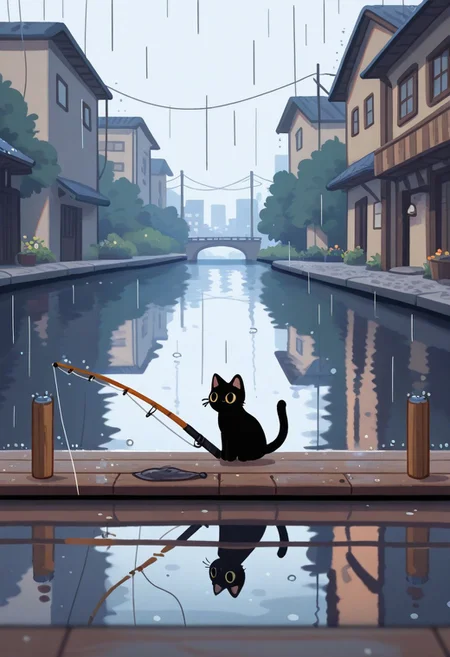 "(masterpiece, best quality, high quality, highres), very awa, highres, absurdres,
(naguru \(cyoroama\):0.9), (chii-kun \(seedyoulater\):0.7), (pikaole:0.8),
(black cat:1.1),
(no humans:1.1), (cute:1.2), comfy, solo, cozy,
fishing, holding fishing rod, sunny day, rain, reflections, pier, city, river, "