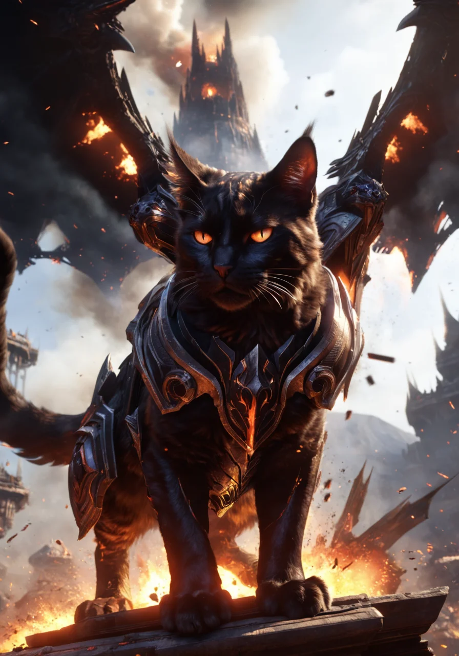 cinewow,deathwing cat,animal,masterpiece,awardwinning,8k,epic,cinematic,trending on artstation, <lora:cinewow-step00000300:0.9>,explosion in the background
