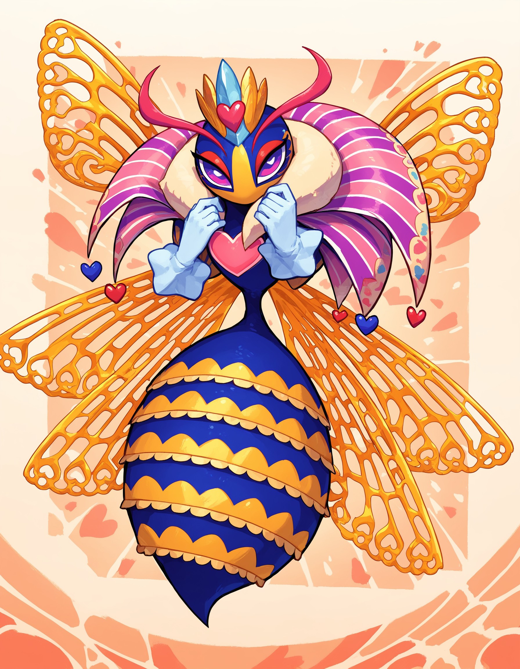 score_9, score_8_up, score_7_up, Queen Sectonia, full body, floating hands, gloves, multicolored skin, insect, arthropod, insect wings, looking at viewer, fur collar, hearts, abstract background, <lora:cefaa866-a58e-40ba-a219-79ab392f7d60:0.9>, <lora:548a342b-2dc6-440b-abe1-a6ce75213d61:0.9>