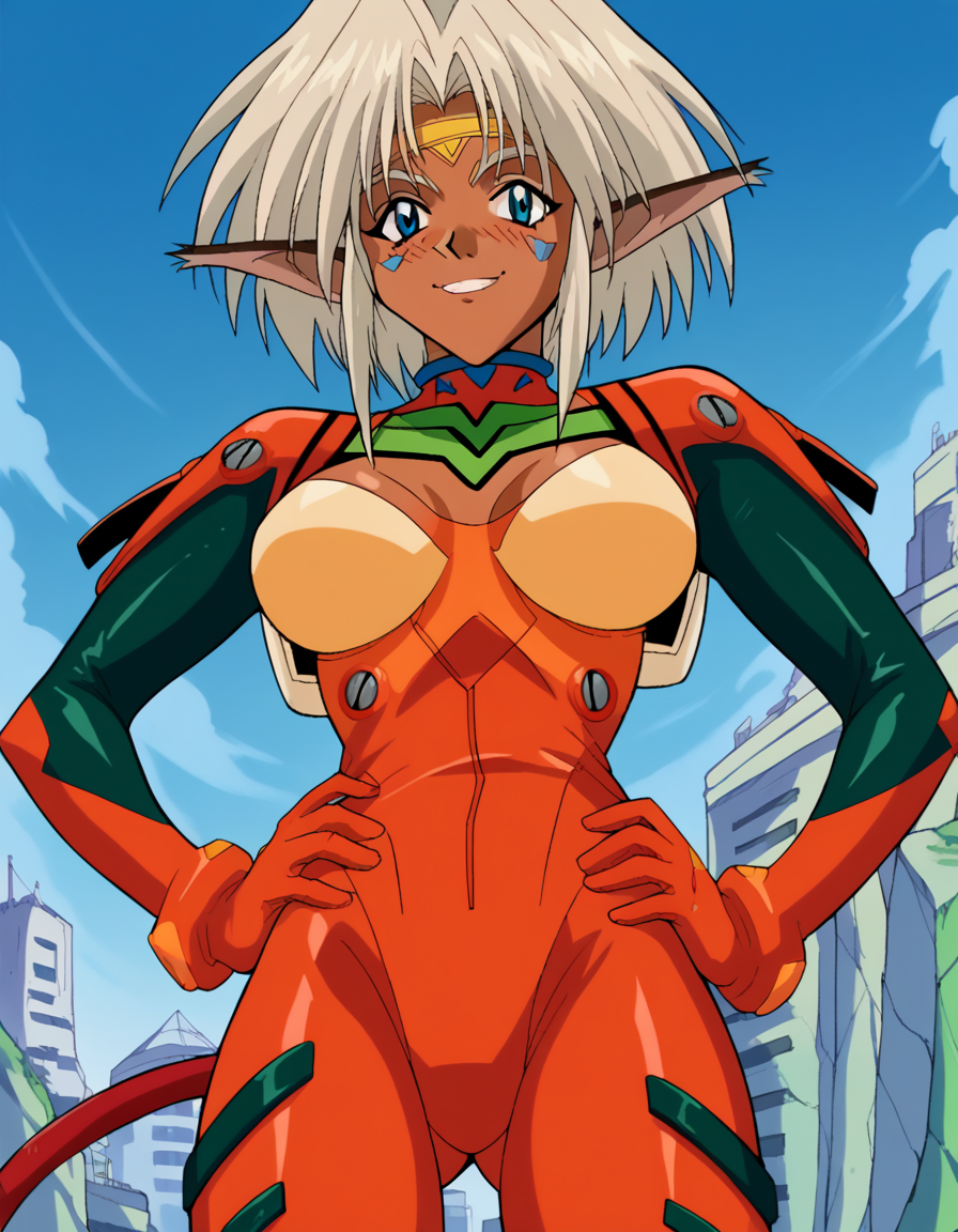 score_9, score_8_up, score_7_up, source_anime, <lora:aisha-clan-clan-s1-ponyxl-lora-nochekaiser:1>, aisha clan clan, blue eyes, large breasts, animal ears, white hair, cat ears, dark skin, dark-skinned female, 1990s (style), tail, cat tail, facial mark, short hair, pointy ears, retro artstyle,, <lora:souryuu-asuka-langley-cosplay-ponyxl-lora-nochekaiser:1>, souryuuasukalangleycosplay, souryuu asuka langley (cosplay), bodysuit, pilot suit, plugsuit, red bodysuit, interface headset,, cityscape, smile, blush, hands on hips,, , cowboy shot, dutch angle,