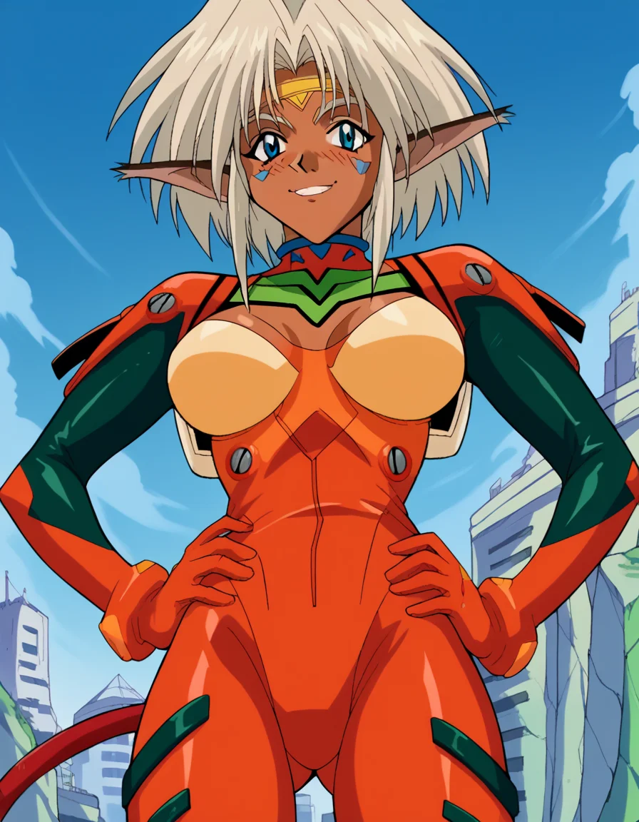 score_9, score_8_up, score_7_up, source_anime, <lora:aisha-clan-clan-s1-ponyxl-lora-nochekaiser:1>, aisha clan clan, blue eyes, large breasts, animal ears, white hair, cat ears, dark skin, dark-skinned female, 1990s (style), tail, cat tail, facial mark, short hair, pointy ears, retro artstyle,, <lora:souryuu-asuka-langley-cosplay-ponyxl-lora-nochekaiser:1>, souryuuasukalangleycosplay, souryuu asuka langley (cosplay), bodysuit, pilot suit, plugsuit, red bodysuit, interface headset,, cityscape, smile, blush, hands on hips,, , cowboy shot, dutch angle,