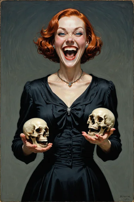by (((Malcolm Liepke) and Nikolai Ge) and Edward Gorey) and Joseph Stella, adorable happy woman holding two skulls of her enemy, maniacal laughter <lora:happy:0.60> <lora:maniacal_laughter:2.00> <lora:dual_pisols:1.35> <lora:more_art:0.20><lora:huge_anime_eyes:0.85><lora:attractive:0.75><lora:great_lighting:1.00><lora:aesthetic:0.85><lora:photorealistic_portrait:0.85><lora:clothing_slider:3.00><lora:RMSDXL_Enhance:0.45><lora:RMSDXL_Creative:0.35><lora:RMSDXL_Photo:0.45><lora:RMSDXL_Darkness_Cinema:0.50><lora:XDetail_heavy:0.45><lora:perfect_eyes:0.15><lora:perfect_hands:0.15><lora:midjourney:-0.15><lora:looking_at_viewer:0.75>