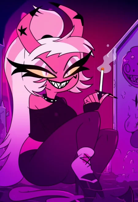 VerosikaMayday. VerosikaApologytour. demon girl. pink skin. horns. female focus. tail. wings. succubus, smile, teeth, nail polish, grin, evil smile, evil eyes, goth make up, sitting on grave, Oudoors, graveyard, looking at you, smoking