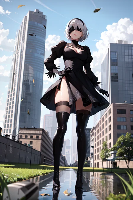 yorha no. 2 type b, 1girl, absurdres, black blindfold, black dress, black hairband, blindfold, blue sky, boots, building, city, cloud, covered eyes, debris, dress, feather-trimmed sleeves, feather trim, from below, gloves, grass, hairband, high heel boots, high heels, highres, juliet sleeves, katana, leather, leather boots, long sleeves, nier \(series\), nier automata, outdoors, overgrown, pod \(nier automata\), post-apocalypse, puddle, puffy sleeves, rubble, ruins, scenery, sky, thigh boots, thighhighs, thighhighs under boots, water
<lora:yorha_noDOT_2_type_b:0.5>