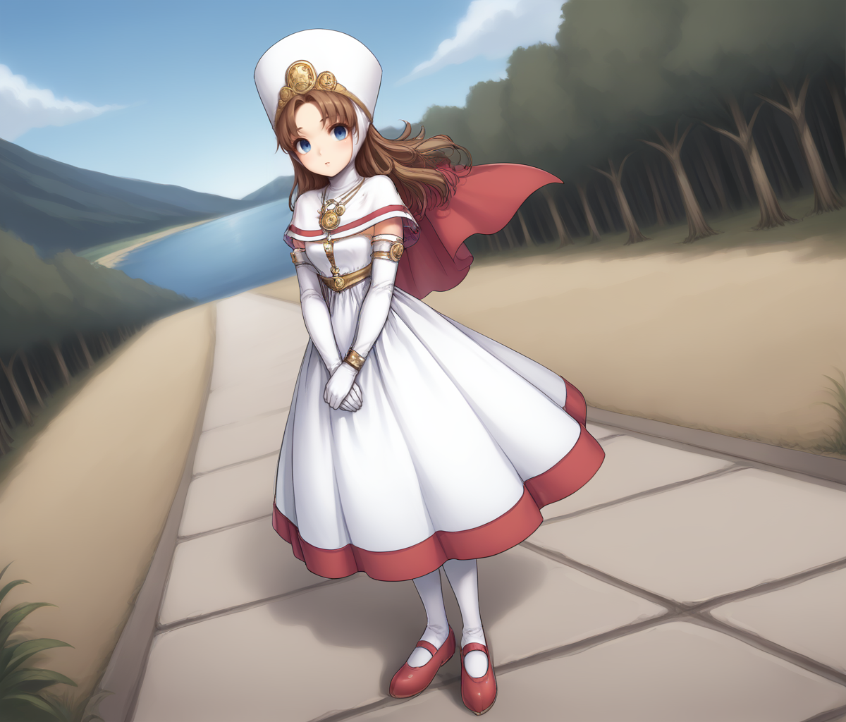 score_9, score_8, score_7, rating_safe, wide angle shot, solo, 1girl, <lora:Princess_Minnie_DQ8_PXL:1> princess_minnie_dq8, brown hair, long hair, parted bangs, blue eyes, hat, capelet, white dress, short dress, red skirt, long skirt, elbow gloves, red shoes, mary janes, standing, outdoors, island, paved road, greenery, grass, trees, sea, daylight