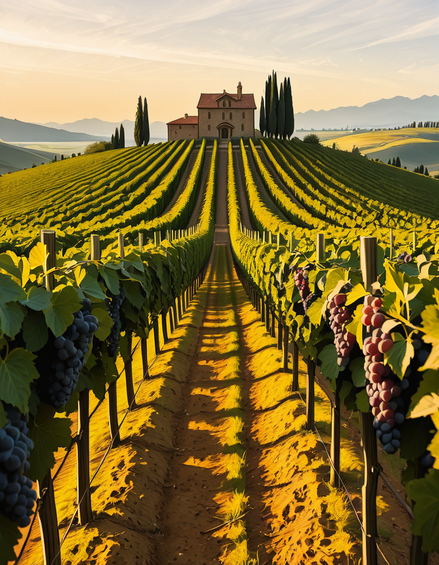 A breathtaking vineyard stretching across rolling hills, bathed in the warm golden light of late afternoon. The neatly aligned rows of grapevines are lush and vibrant, their deep green leaves contrasting with the rich, fertile soil beneath them. The vines are heavy with ripe, plump grapes in shades of deep purple and rich green, glistening under the sunlight. In the background, a rustic stone farmhouse with a terracotta roof sits atop a small hill, surrounded by tall cypress trees. A narrow dirt path winds through the vineyard, leading towards the farmhouse. The sky is a soft blue with wispy clouds scattered across the horizon. In the distance, a range of low mountains adds depth to the landscape. The atmosphere is peaceful and idyllic, evoking the charm of a traditional wine-growing region like Tuscany or Bordeaux. 
<lora:SDXLFaeTastic2400:0.4> <lora:extremely_detailed:0.4> extremely detailed
,v1n3y4rd <lora:v1n3y4rd-i:1>, Masterpiece,best quality,hi res,8k,hi res,8k,award winning,(sharp focus, intricate, highly detailed),