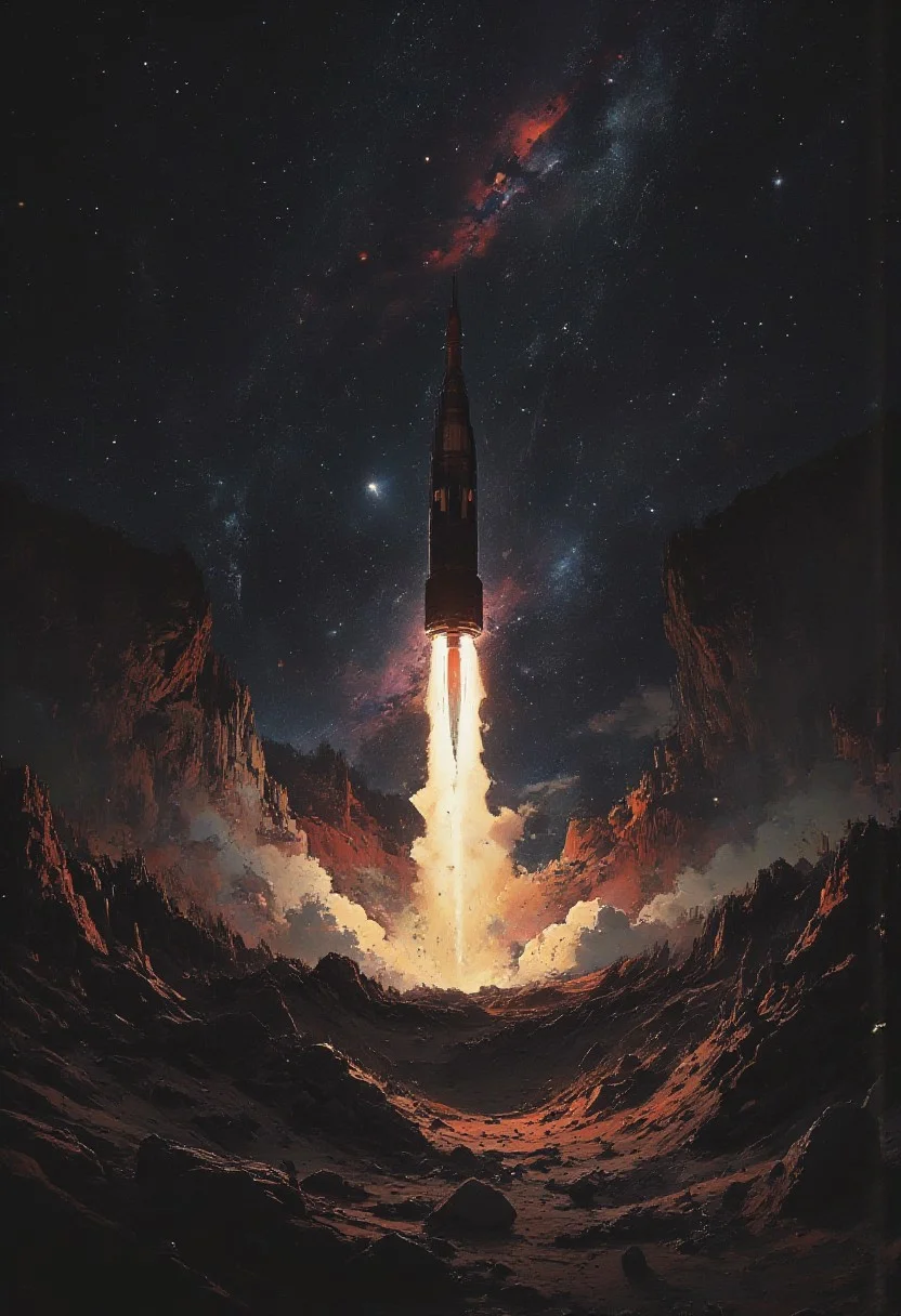 Stunning cinematic, dramatic illustration of a rocket taking off from a lunar landscape, cratered and pitted, directional shadows from an unseen sun, dramatic sky with stars and nebulas