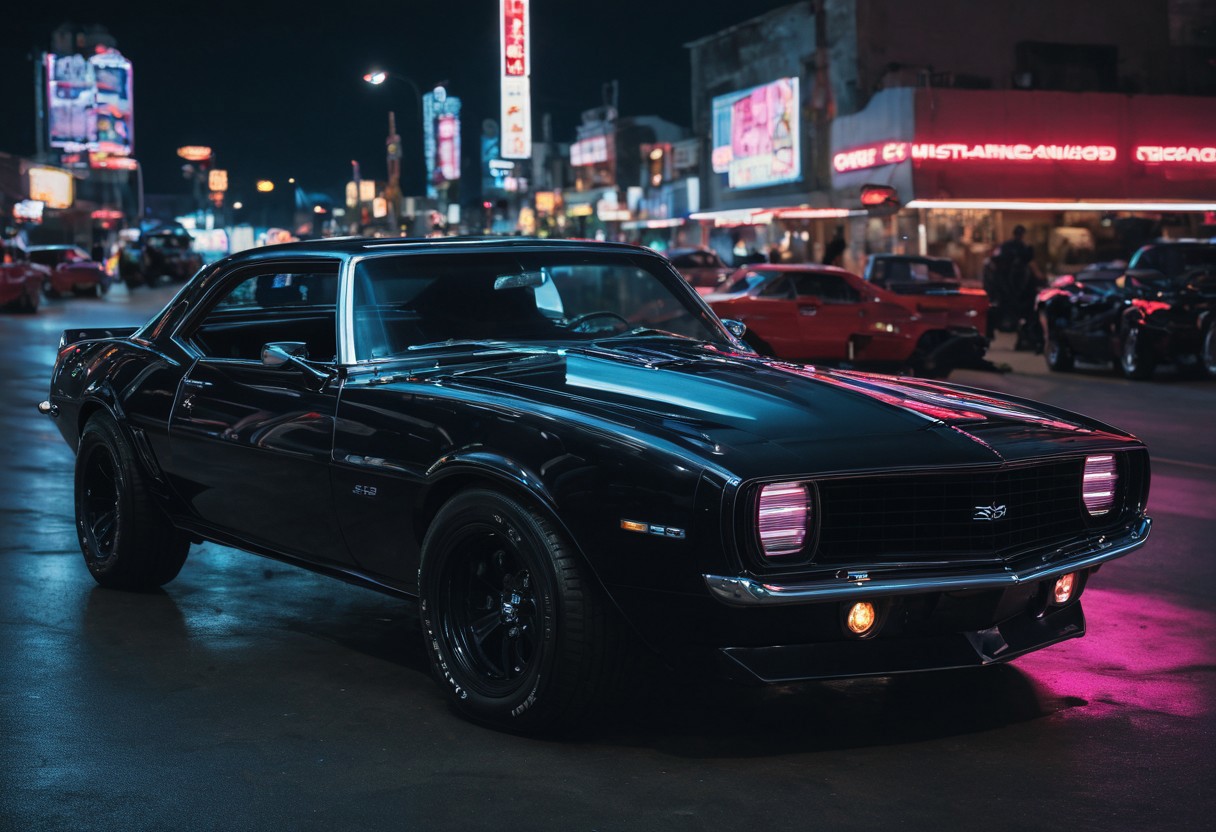 black camaro, cyberpunk city, night time, neon lights