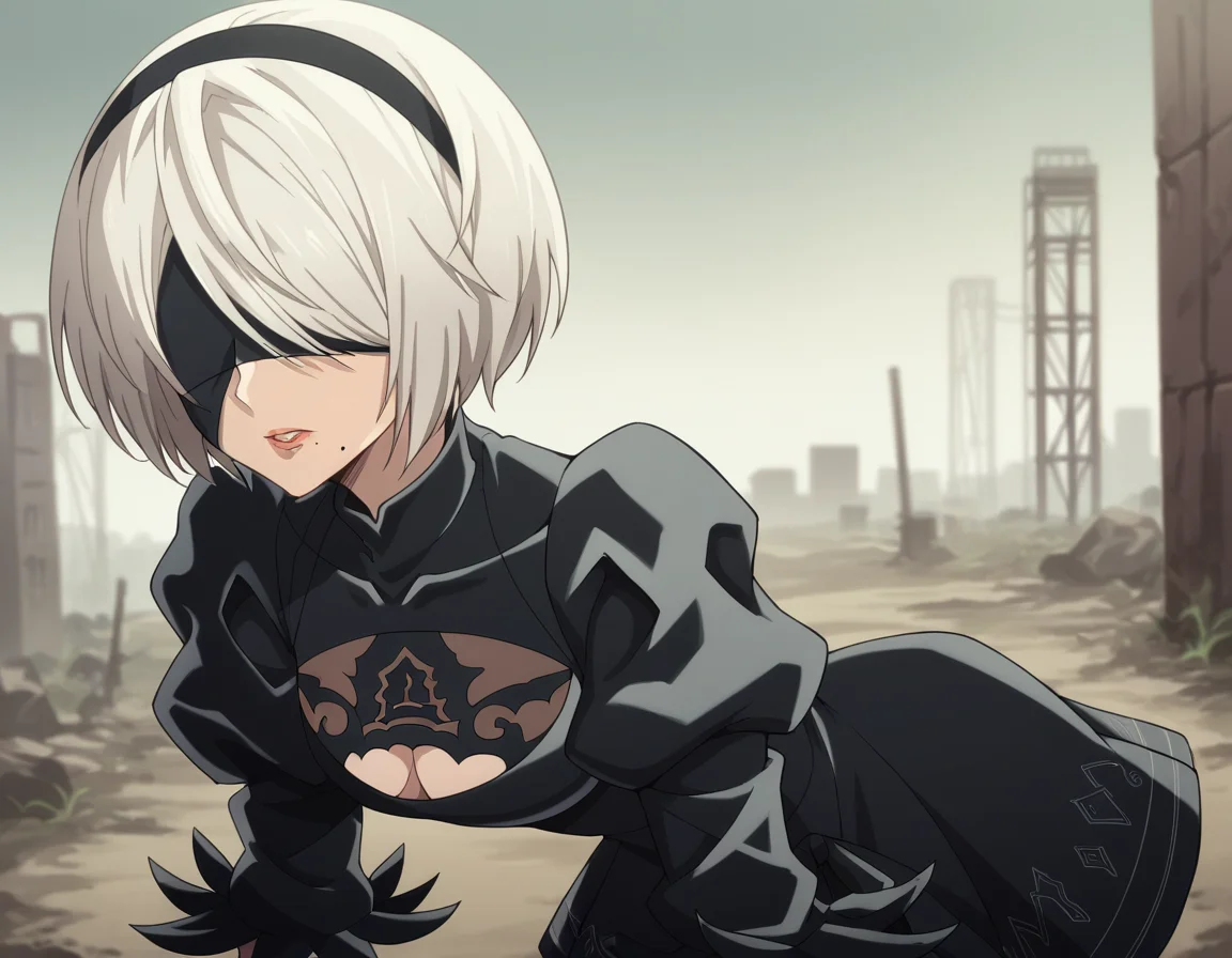 score_9, score_8_up, score_7_up, source_anime,
2b, <lora:2b-s1-ponyxl-lora-nochekaiser:1>,
2b, yorha no. 2 type b, short hair, white hair, hairband, mole, black hairband, mole under mouth, blindfold, covered eyes, black blindfold,
gloves, long sleeves, dress, puffy sleeves, black dress, clothing cutout, cleavage cutout, juliet sleeves, feather-trimmed sleeves,
outdoors, wasteland, bent over,
solo, dutch angle, looking at viewer, cowboy shot,