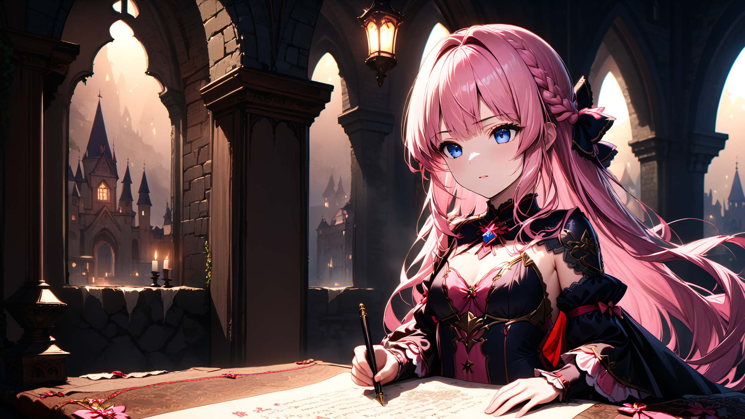 <lora:hakaseayaka-base-02-XL:0.6>,hakaseayaka,bangs,braided hair,a magical girl wearing a red and black robe,with pink long hair and blue eyes,writing with a pen on a scroll,vintage castle,dim lighting,deep shadows,faint candlelight flickering on stone walls,((masterpiece)),((best quality)),8k,high detailed,ultra-detailed,inside a dark,ancient,glowing red magical runes floating around,enchanted atmosphere,ominous aura,long flowing hair,intense and focused expression,gothic arches,eerie mist creeping along the floorhighres,Cinematic Lighting,absurdres,<lora:detailed_notrigger:1>,<lora:MidjourneyV6.1:0.5>,midjourneyv6.1,<lora:xl_more_art-full_v1:0.8>,