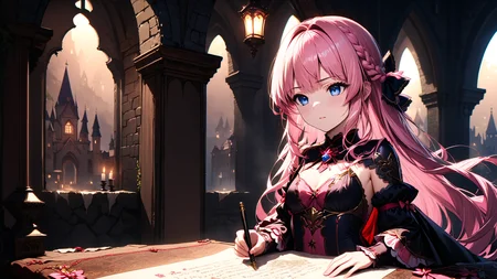 <lora:hakaseayaka-base-02-XL:0.6>,hakaseayaka,bangs,braided hair,a magical girl wearing a red and black robe,with pink long hair and blue eyes,writing with a pen on a scroll,vintage castle,dim lighting,deep shadows,faint candlelight flickering on stone walls,((masterpiece)),((best quality)),8k,high detailed,ultra-detailed,inside a dark,ancient,glowing red magical runes floating around,enchanted atmosphere,ominous aura,long flowing hair,intense and focused expression,gothic arches,eerie mist creeping along the floorhighres,Cinematic Lighting,absurdres,<lora:detailed_notrigger:1>,<lora:MidjourneyV6.1:0.5>,midjourneyv6.1,<lora:xl_more_art-full_v1:0.8>,