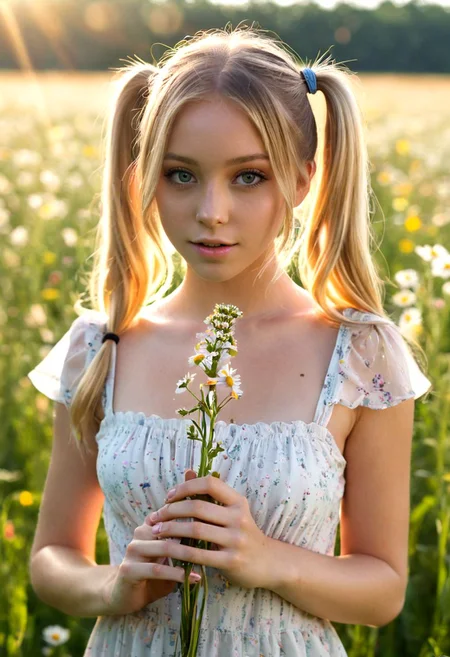 (nude),Beautiful, masterpiece, pretty, cute, youthful innocence, girl, summer dress, field, flowers, golden hour, 8k, official wallpaper, bokeh, sunbeams, lens flare, sunshine on hair, big eyes, luscious lips, sweet face, blonde hair, twintails,, pov, male penis, cocktease, hetero