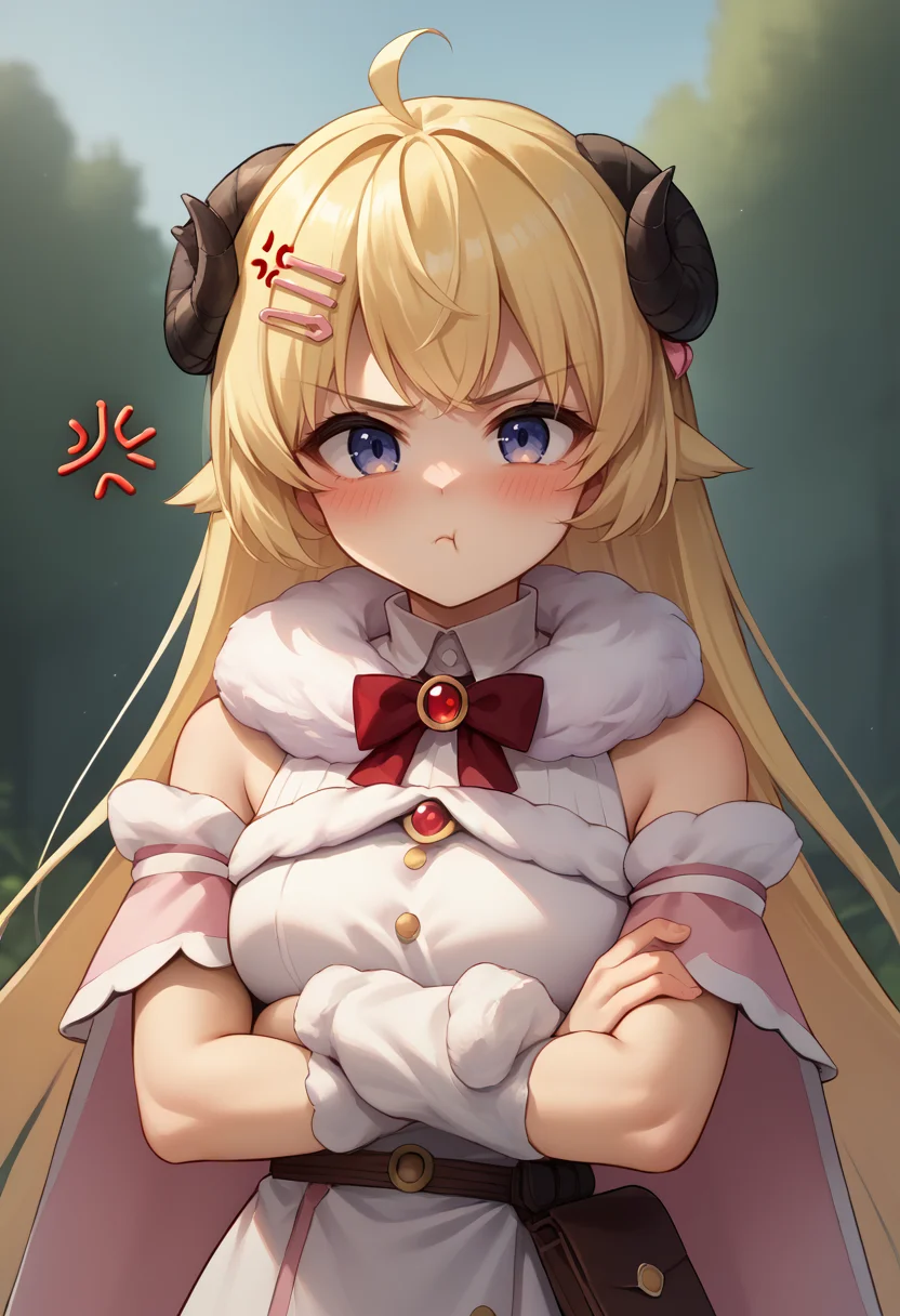 score_9, score_8_up, score_7_up, source_anime, upper body, outdoors, 1girl, pout, :t, closed mouth, <lora:Pout_XLPD:1.2>, anger vein, blush, crossed arms, <lora:last_1:0.8>, WatameBase, very long hair, ahoge, hairclip, fur-trimmed dress, short dress, red bowtie, detached sleeves, pouch, fur-trimmed cape, pink cape,