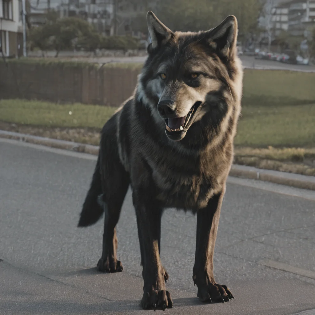 sfw, masterpiece, best quality,absurderes,photo,realistic,source_photo,outdoors,suburbs,buildings,sidewalk,no humans,animal focus,wolf,open mouth, <lora:Reallustrious_Beta2:0.8>
