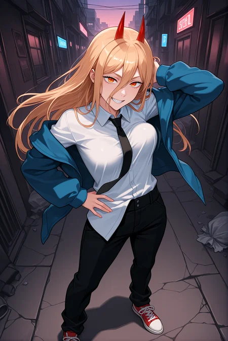 beautiful detailed eyes, masterpiece, best quality, intricate details, absurdres, 1girl, solo,
<lora:P-IL-Power:1>, p0w3r, blonde hair, long hair, hair between eyes, orange eyes, cross-shaped pupils, red horns, demon horns, sharp teeth,
C4SU4L, white collared shirt, black necktie, blue jacket, black pants, white sneakers, red sneakers, baggy pants,
off shoulder jacket,
partially untucked shirt, asymmetrical clothing, messy clothing, loose shirt hem,
small breasts, hand on hip, hand in own hair, looking at viewer, smile, grin,
((breasts in motion)), dynamic pose, intense movement, action shot, motion blur, (bouncy:1.3), (bouncing breasts:1.2), tight outfit, dramatic perspective,
grungy urban alley, neon street lights, flickering signs, scattered trash, cracked pavement, distant city skyline, twilight sky, chaotic atmosphere, chainsaw man aesthetic