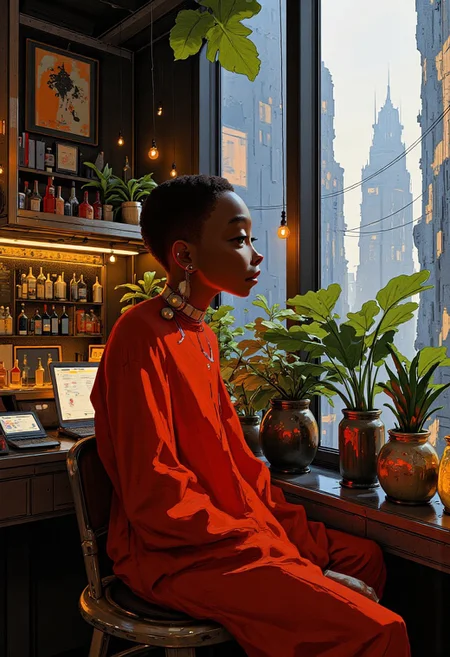 Portrait of an African woman looking at the viewer, in a futuristic red jumpsuit, sitting in her room filled with plants,  African tribal elements and jewellery,  ambient lighting, large window overlooking a futuristic city