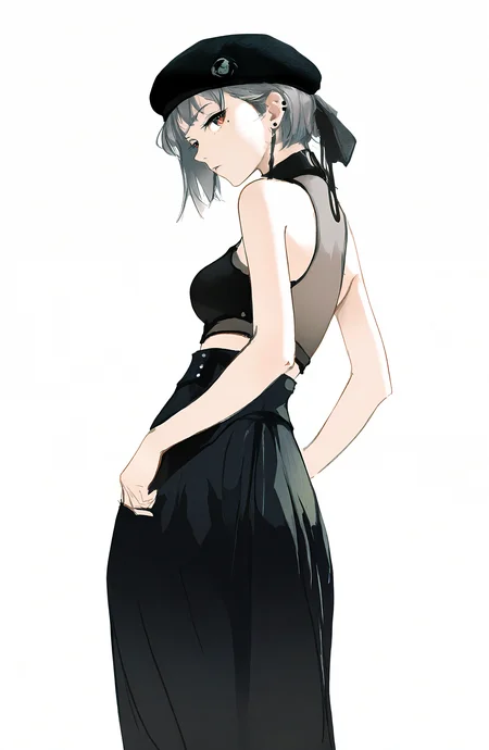 1girl, solo, breasts, looking_at_viewer, short_hair, simple_background, skirt, white_background, red_eyes, hat, jewelry, bare_shoulders, grey_hair, earrings, looking_back, black_skirt, black_headwear, beret, long_skirt