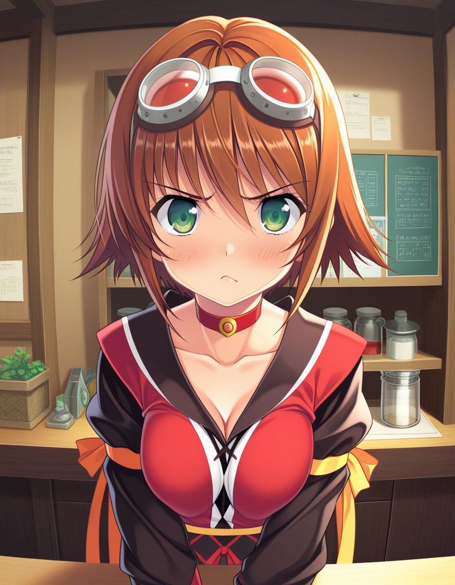 (yamakaze ran),  <lora:1_illu_yamakaze_ran_10e:1>,, 1girl, rita mordio, tales of (series), looking at viewer, green eyes, brown hair, short hair, goggles on head, choker, long puffy sleeves, black sleeves, red shirt, fingerless gloves, grumpy, pouty frown, medium breasts, chemist laboratory, (masterpiece, best quality, amazing quality),