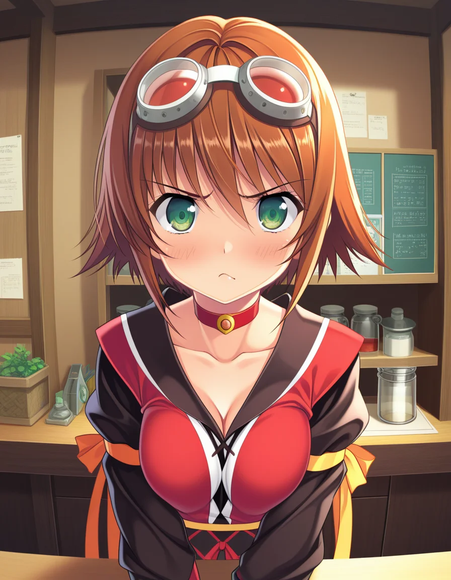 (yamakaze ran),  <lora:1_illu_yamakaze_ran_10e:1>,, 1girl, rita mordio, tales of (series), looking at viewer, green eyes, brown hair, short hair, goggles on head, choker, long puffy sleeves, black sleeves, red shirt, fingerless gloves, grumpy, pouty frown, medium breasts, chemist laboratory, (masterpiece, best quality, amazing quality),