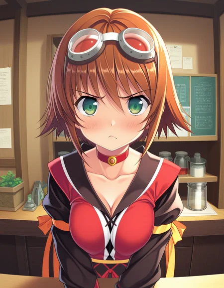 (yamakaze ran), <lora:1_illu_yamakaze_ran_10e:1>,, 1girl, rita mordio, tales of (series), looking at viewer, green eyes, brown hair, short hair, goggles on head, choker, long puffy sleeves, black sleeves, red shirt, fingerless gloves, grumpy, pouty frown, medium breasts, chemist laboratory, (masterpiece, best quality, amazing quality),