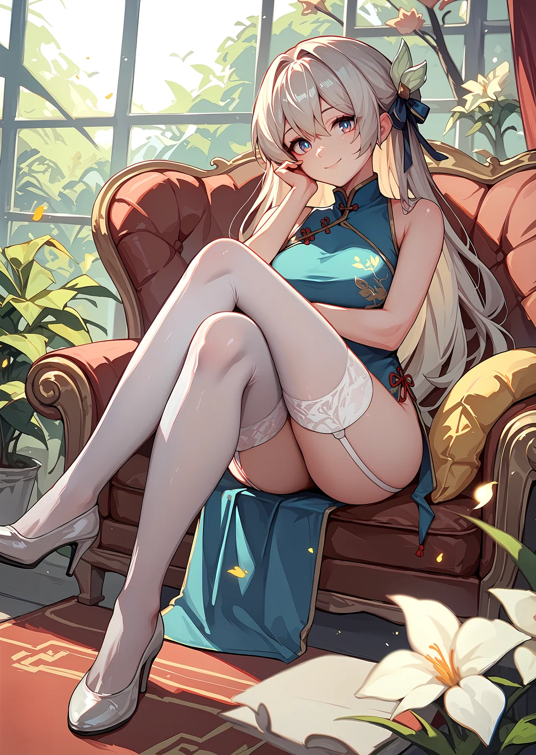 (score_9, score_8_up, score_7_up), 1girl, fireflyhsr, china dress, sleeveless, white thighhighs, garter straps, high heels, crossed legs, sitting, smile, closed mouth, hand on own cheek, <lora:firefly-strPO-v2a:0.8>