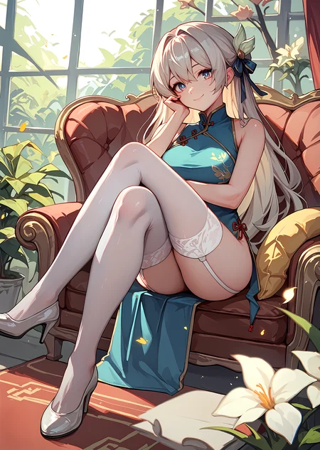 (score_9, score_8_up, score_7_up), 1girl, fireflyhsr, china dress, sleeveless, white thighhighs, garter straps, high heels, crossed legs, sitting, smile, closed mouth, hand on own cheek, <lora:firefly-strPO-v2a:0.8>