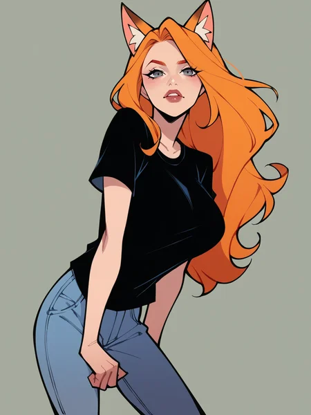 score_9, score_8_up, score_7_up, <lora:JBr4v0XLP:1> jbr4v0, 1girl, solo, long hair, ginger hair, grey eyes, fox ears, black t-shirt, large breasts,