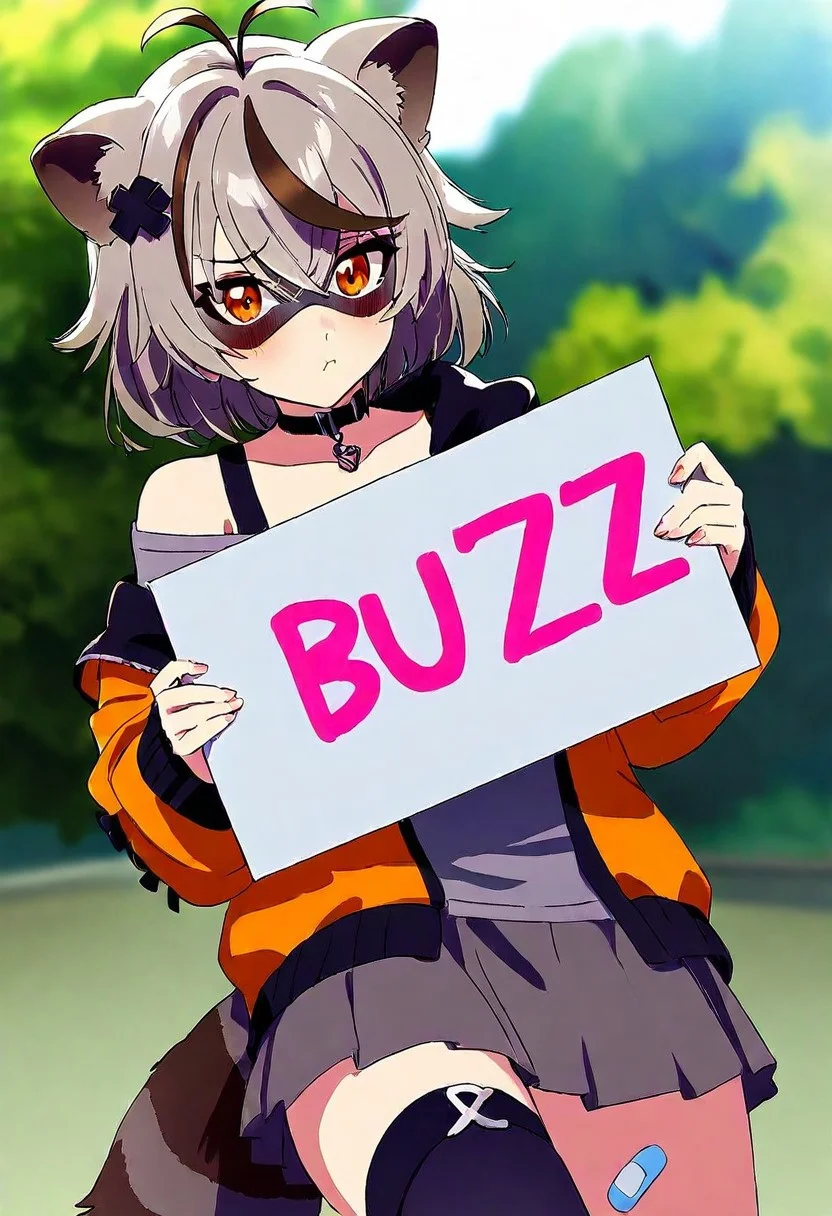 Hold up a sign saying (Buzz):2,depth of field,realistic,Anime,virtual youtuber,anime coloring,anime screencap,(best quality),(highly detailed),((masterpiece)),((best quality)),(ultra-detailed),((extremely detailed)),(high resolution),4K,(8K),best quality,(beautiful),(dynamic lighting),(super detailed skin),sharp focus,(score_9,score_8_up,score_7_up,source_anime,(masterpiece:1.2),best quality,very aesthetic),masterpiece,best quality,very aesthetic,1girl,score_9,score_8_up,score_7_up,source_anime,BREAK <lora:holding blank sign_A_XL_01:2>,aasnf, short hair, multicolored hair, grey hair, animal ears, antenna hair, hair ornament, eye mask, orange eyes, breasts, raccoon tail, black choker, grey shirt, off shoulder, hoodie, orange jacket, open jacket, grey skirt, bandaid, asymmetrical legwear, (holding a sign that says "BUZZ":2), cute pouting expression