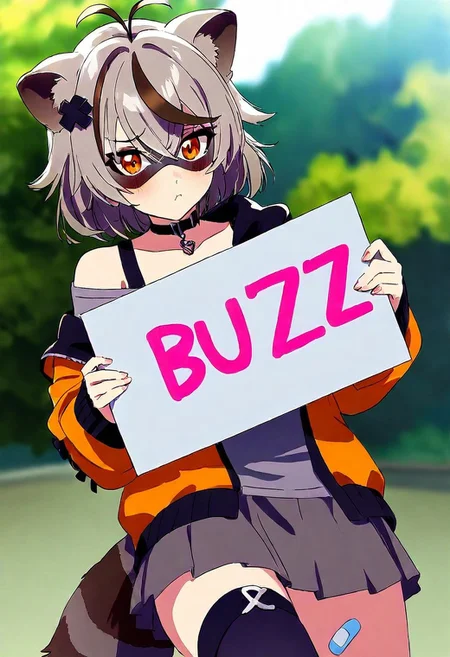 Hold up a sign saying (Buzz):2,depth of field,realistic,Anime,virtual youtuber,anime coloring,anime screencap,(best quality),(highly detailed),((masterpiece)),((best quality)),(ultra-detailed),((extremely detailed)),(high resolution),4K,(8K),best quality,(beautiful),(dynamic lighting),(super detailed skin),sharp focus,(score_9,score_8_up,score_7_up,source_anime,(masterpiece:1.2),best quality,very aesthetic),masterpiece,best quality,very aesthetic,1girl,score_9,score_8_up,score_7_up,source_anime,BREAK <lora:holding blank sign_A_XL_01:2>,aasnf, short hair, multicolored hair, grey hair, animal ears, antenna hair, hair ornament, eye mask, orange eyes, breasts, raccoon tail, black choker, grey shirt, off shoulder, hoodie, orange jacket, open jacket, grey skirt, bandaid, asymmetrical legwear, (holding a sign that says "BUZZ":2), cute pouting expression
