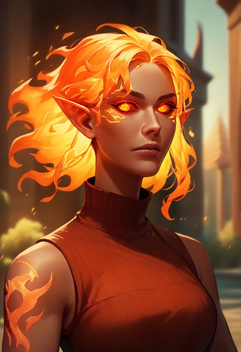 (((beautiful, high quality))), upper body, score_9, score_8_up, score_7_up, solo,
looks at the viewer, 
FireGenasi, fire hair, colored sclera, dark skin, pointed ears, 1girl, orange fire hair, red eyes, red sleeveless turtleneck, 
outdoor, fantasy background, nature, blurred background,
