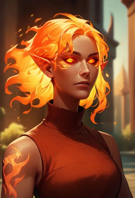 (((beautiful, high quality))), upper body, score_9, score_8_up, score_7_up, solo,
looks at the viewer,
FireGenasi, fire hair, colored sclera, dark skin, pointed ears, 1girl, orange fire hair, red eyes, red sleeveless turtleneck,
outdoor, fantasy background, nature, blurred background,