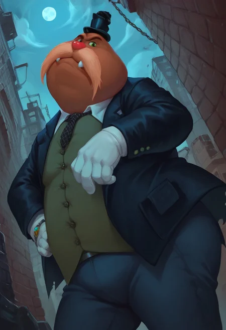 score_9, score_8_up, score_7_up, sfw, rotund, furry male, Rotor the walrus, green eyes, fangs, furry, furry anthro, alley, dutch angle, posing, from below, clothed, (((dutch angle, posing, from below))), walrus, fat, overweight, walrus tusks, squinting eyes, smile, solo, 1boy, male focus, <lora:pony_monocles-step00000800:1>,(monocle),round eyewear, top hat,, suit, gloves, furry male, mustache, necktie, a robber-baron wearing a monocle on a chain on his left eye, top hat, white shirt, black vest from 1900 holding a pocketwatch, standing
BREAK
city, ruins, back alley, outside, night, moon, stars, ambient light,